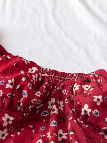 Sweetra 大码女式碎花荷叶边袖上衣和迷你裙两件套 - 酒紅色 - 查看 3