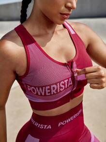 Powerista Women's Summer Contrast Letter Print Front Zipper Sports Bra