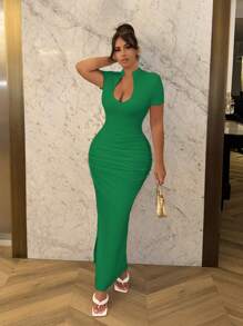 SHEIN SXY Summer Sexy Keyhole Neck Ruched Short Sleeve Bodycon Dress - Green - View 4