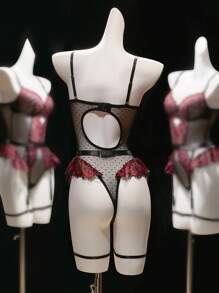 SHEIN 4件套女士蕾丝拼布钢圈性感连体衣，适合外出穿着