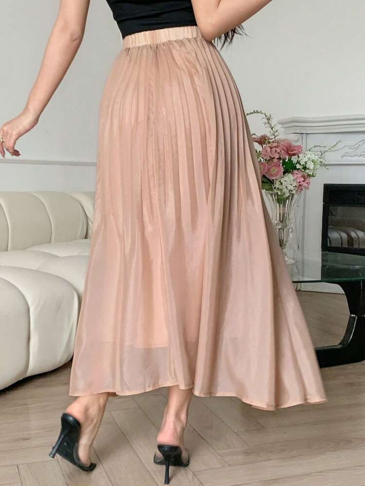 Saia Plissada de Cintura Elástica em Cor Sólida, Saias de Outono para Mulheres