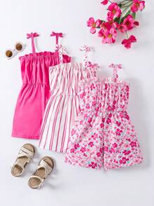 SHEIN 年轻女孩夏季休闲荷叶边纽扣装饰细肩带连体裤 - 玫紅色 - 查看 2