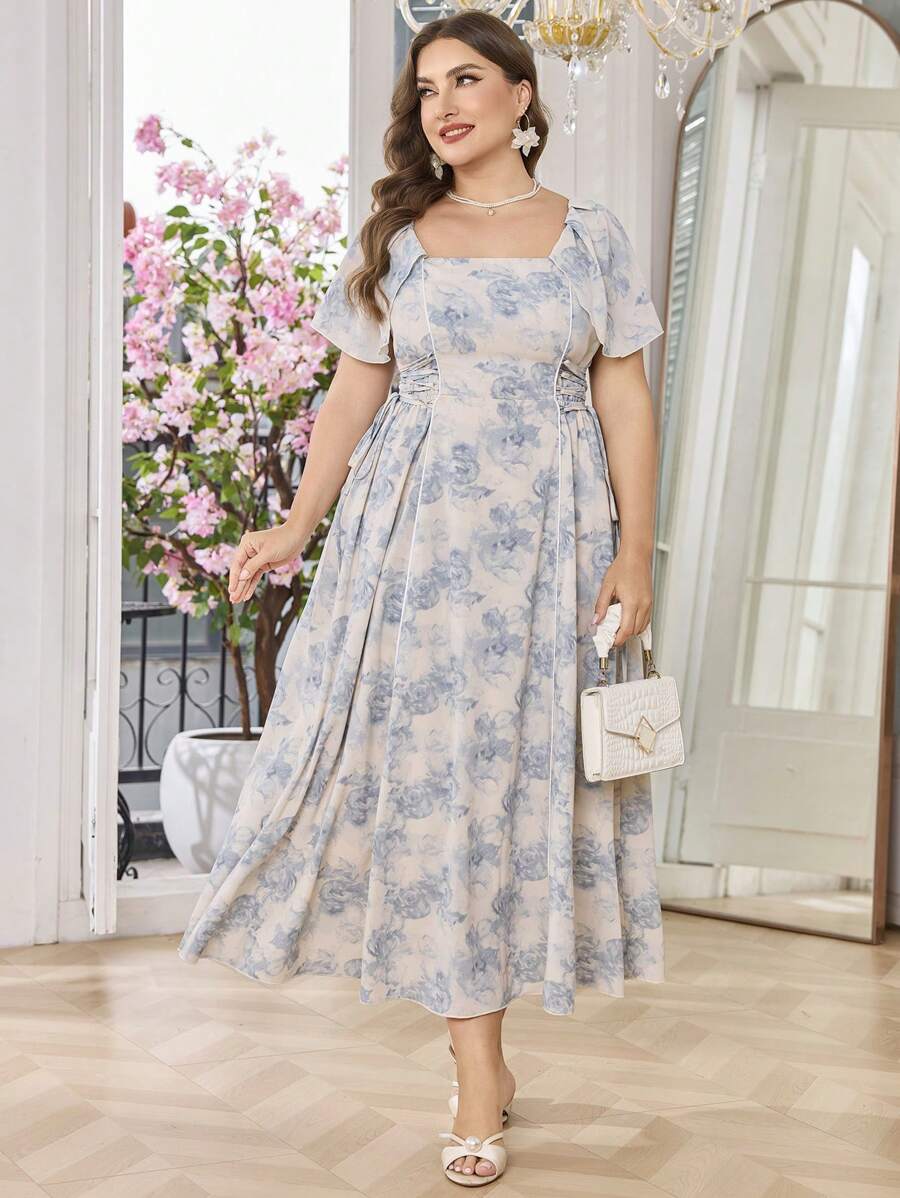Modelyn Váy đi nghỉ dài thanh lịch lãng mạn hoa buộc eo xòe viền hông cỡ lớn, mùa xuân/hè - Nhiều màu - Xem 1