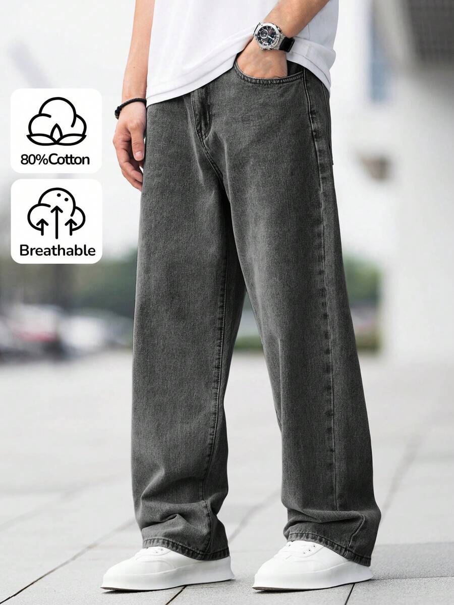 SHEIN Lässige Vintage-Jeans in lockerer Passform, bequem und basic, weite Baggy-Jeans für Kinderbekleidung, weiche Alltagskleidung für Tween Jungen, Outfits für Kinder im Sommer und Frühling, Rave-Outfits, Festival- und Strandoutfits - Dunkelgrau - Übersicht 1