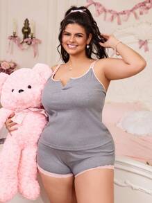 Plus Size Color Block Lace Cami Top And Shorts Pajama Set, Fashionable For Summer - Grey - View 4