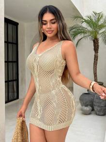 SHEIN SXY 性感镂空针织紧身迷你连衣裙 - 金色 - 查看 3