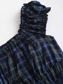 Sweetra Sweet & Spicy Plaid Off-Shoulder Button Up Waist Cinched Waist Dress - Blue - View 4