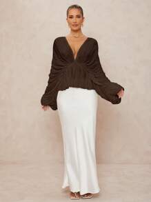 Lumalex 女式宽松深V领超大荷叶边下摆衬衫 - 巧克力棕 - 查看 5