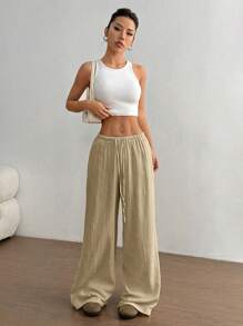 Flirla Quần ống đứng lưng thấp bằng cotton thường ngày cho nữ - Màu be - Xem 6