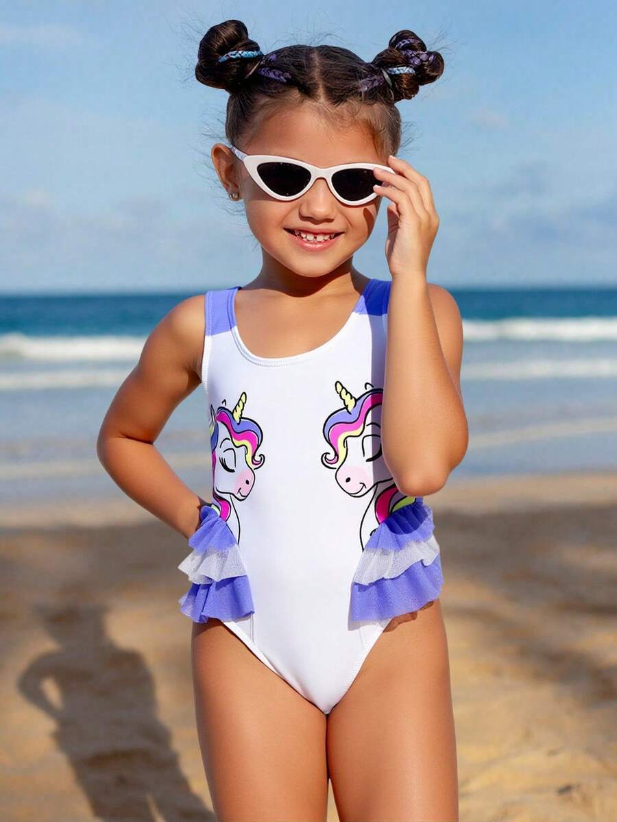 SHEIN Kleine Mädchen Einteiler Badeanzug mit Rüschen und Einhorn Muster, Strandresort
