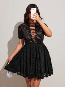 Viva Relle Valentine Lace-Up Deep V Sheer A-Line Sexy Women Dress - Black - View 5