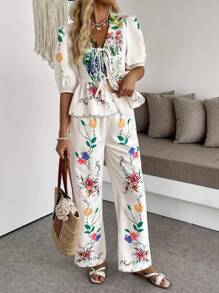 SHEIN LUNE Bộ 2 áo sơ mi ngắn tay phồng in hoa buộc phía trước và quần ống rộng cho nữ, Xuân/Hè - Nhiều màu - Xem 6