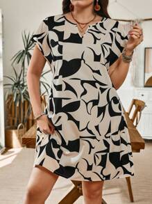 SHEIN LUNE 大码女式波西米亚风夏季几何图案休闲度假A型日常女式连衣裙 - 黑色 - 查看 6