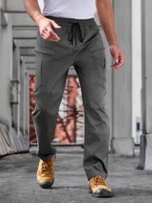 Manfinity Homme Men's Solid Color Drawstring Waist Casual Stylish Cargo Pants, Suitable For Spring And Summer - Grey - View 3