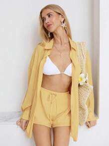 Sunnyshic 2 件套女士休闲亚麻混纺衬衫和短裤套装，纯色纽扣宽松长袖衬衫搭配低腰短裤，适合春夏季度假和日常穿着