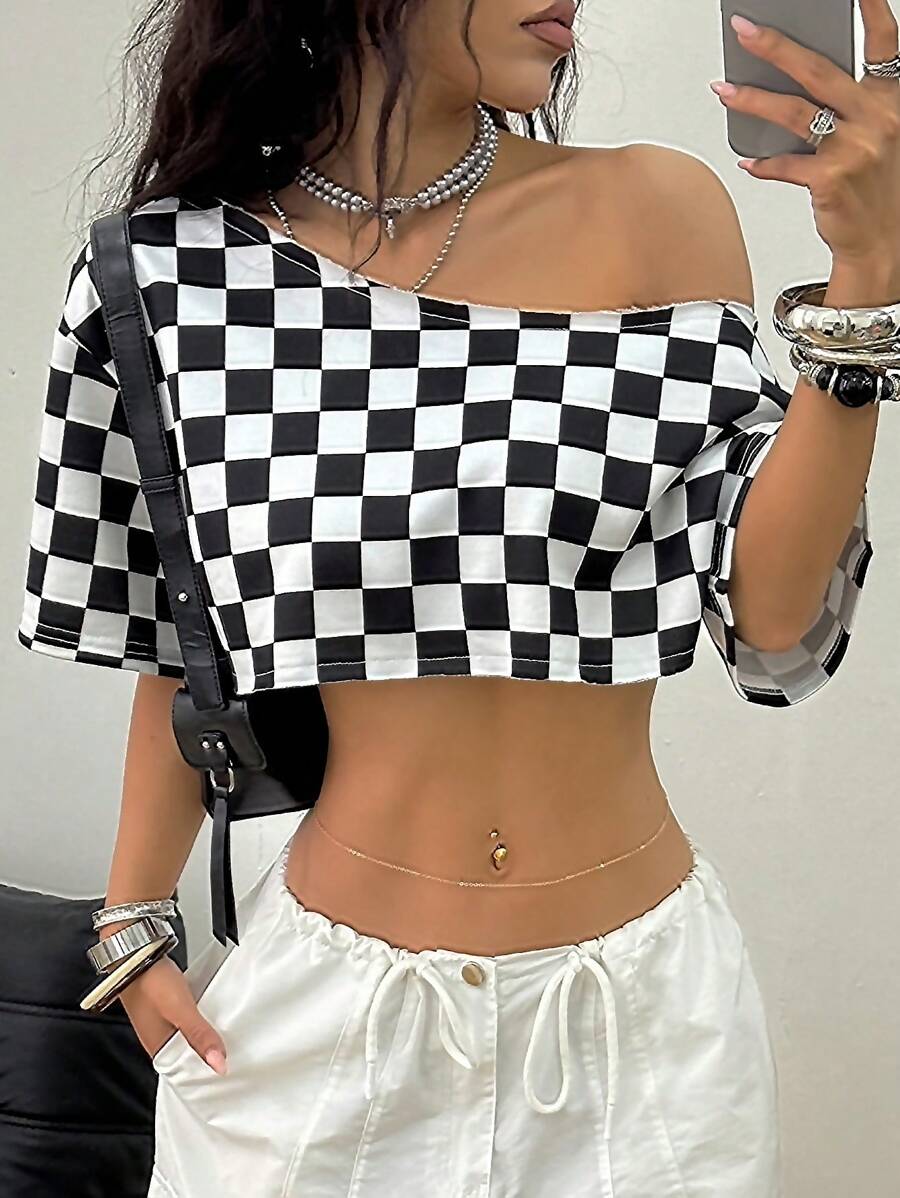 Coolane Camiseta suelta con cuello asimétrico de estilo vintage Y2K a cuadros, para el estilo callejero de verano de las mujeres en festivales de música