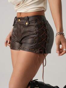 SHEIN ICON Women Retro Criss-Cross Tie-Up Shorts - Brown - View 7