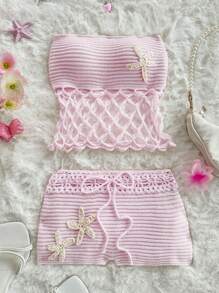Sweetina 2 件夏季外出海滩夏威夷可爱女士两件套服装和毛衣短裤适合日常穿着钩针套装 - 珊瑚粉 - 查看 3