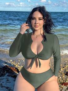 Slaysola Plus Size Long Sleeve V-Neck Bow Swimsuit Set For Summer Beach Vacation - Army Green - View 1