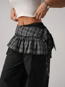 SHEIN ICON Women's Black Plaid Ruffle Hem A-Line Super Short Skirt - Black - View 1