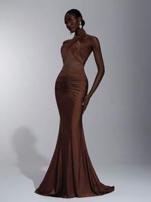 Elitara 优雅、浪漫、性感、简约棕色弹力抹胸露背修身打结透视时尚网红连衣裙，适合节日、生日派对、婚礼、伴娘 - 鏽棕色 - 查看 4