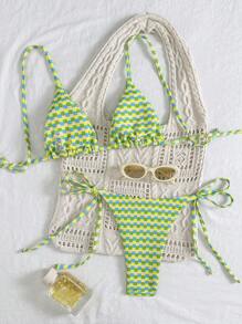 Swim Mod 2pcs/Set Women Summer Beach Holiday Random Bubble Gingham Print Triangle Tie Bikini Set Including Bottoms - Multicolor - View 3