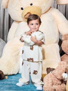 SHEIN X JIMENA & MATEO 2pcs/Set Young Boy Cute Brown Bear Pattern Short Sleeve Shirt And Loose Pants Pajama Set Pyjama Ours