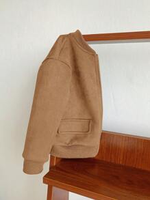 SHEIN Jaket Baseball Bayi Laki-laki, Saku Tempel Kasual, Kain Bertekstur Suede Lembut, Pakaian Luar Nyaman untuk Aktivitas Luar Ruangan, Musim Gugur/Musim Dingin - Coklat - View 6