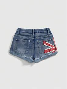 ROMWE Grunge Punk Independence Day Festival, Vintage Y2K Style Union Jack Print Ultra Low Waist Denim Shorts For Women - Blue - View 2