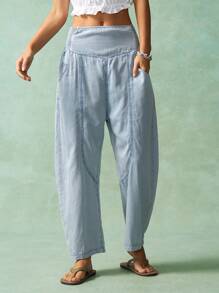 Bohemela 纯色梭织女式牛仔裤，夏季时尚 - 淺色水洗藍 - 查看 5