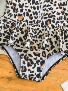 SHEIN Infant/Baby Girl Cute Leopard  Print Ruffled One-Piece Swimsuit, Suitable For Beach Holiday - Multicolor - View 4