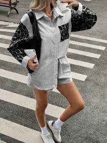 Siren Gaze Bộ áo sơ mi dài tay kẻ sọc họa tiết da báo cho nữ và quần short, Bộ áo sơ mi 2 món tối giản cổ điển cho nữ, Quần short kẻ sọc cho nữ, Áo sơ mi nữ, Áo cánh phong cách đường phố, Áo sơ mi họa tiết da báo - Đen và trắng - Xem 6