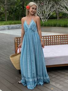 DAZY Floral Print Spaghetti Strap Backless Ruffled Dress For Women, Summer Resort Wear Vacation Outfits Women - Blue - View 1