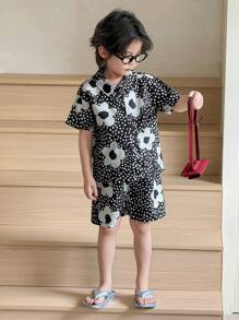 SHEIN 2pcs Boy's Allover Print Woven Shirt With Open Chest Design + Loose Shorts Set