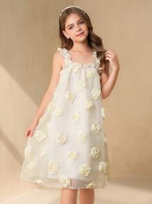 1 pieza Vestido lindo con volantes y flores 3D en el bajo para niñas preadolescentes, apropiado para fiestas y uso al aire libre, primavera/verano - Beis - Ver 1