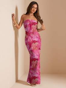 SHEIN BAE Strapless Floral Print Fitted Long Dress, Suitable For Summer Beach Vacation - Multicolor - View 4