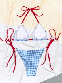 Swim Vcay Spring/Summer High Coastal Beach Resort Printed & Solid Color Tie-Up Halter Neck Bikini 2-Piece Set - Multicolor - View 3