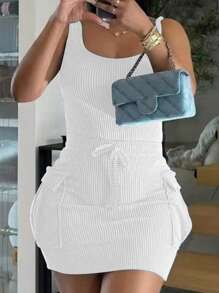 INAWLY Plus Size Women Sleeveless Side Pocket Mini Dress, Summer - White - View 1