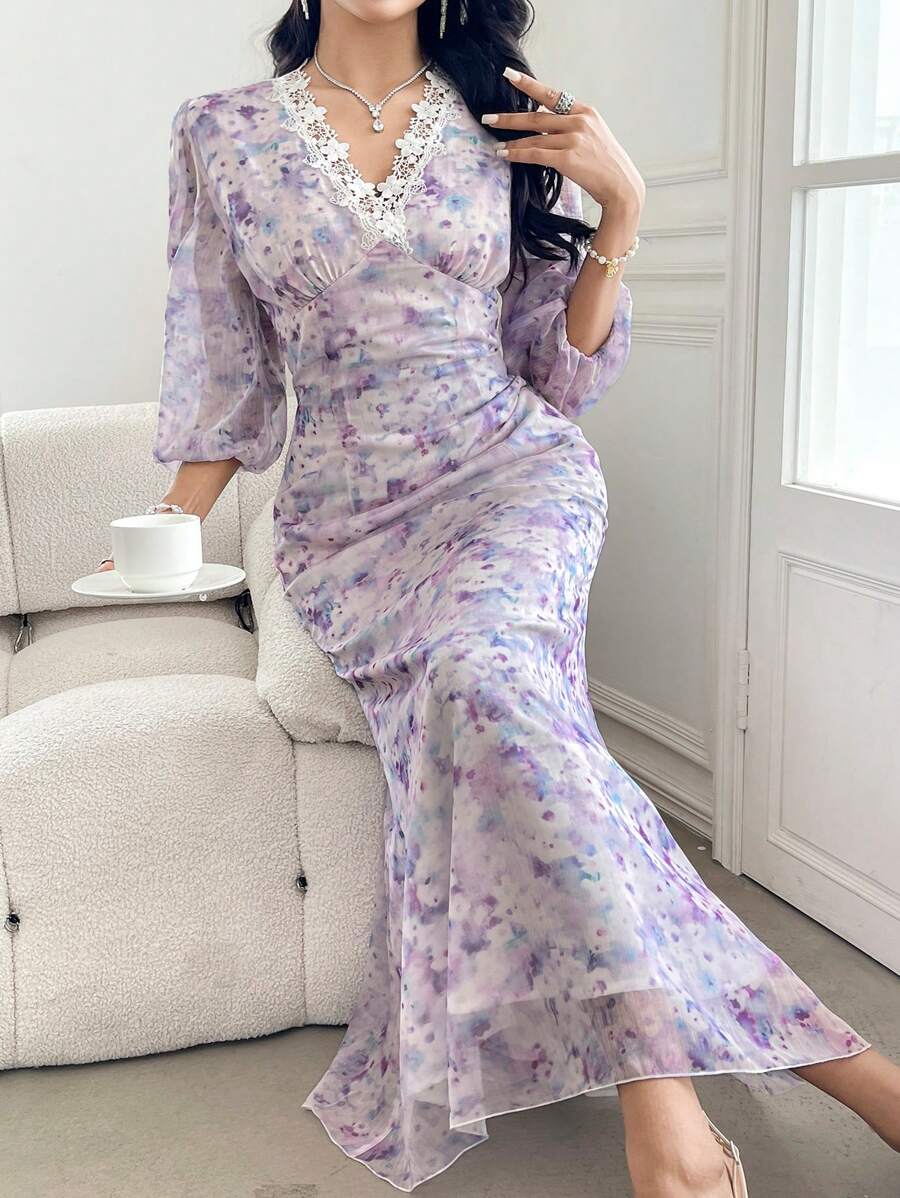 Seusyu Elegant Lace Ditsy Floral Puff Sleeve Mermaid Dress Fall Cloth ...