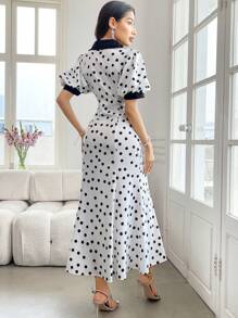 Modelyn Black & White Patterned Peter Pan Collar Puff Sleeve Dress - Black and White - View 2