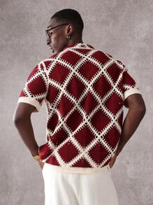 SUMWON Crochet Pattern Short Sleeve Knit Polo Shirt Relaxed Fit Designer Golf Tennis Business Casual Summer Spring Textured Diamond Modern - Red and White - View 5