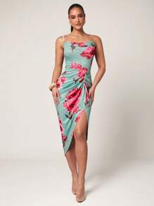 Silquee 夏季优雅女士夏装、夏季、女士夏装、优雅女士连衣裙、经典优雅连衣裙、绿色花卉印花垂坠连衣裙、女士毕业礼服、中长连衣裙