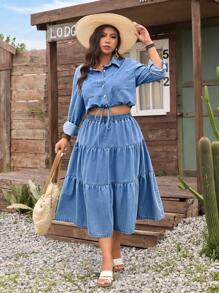 SHEIN LUNE Jupe en jean décontractée avec taille élastique et volants, grande taille grande, été - Jean bleu - Voir 1