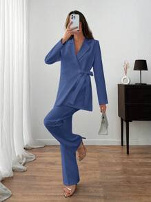 EURMUSE WOMEN ELEGANT SUIT SET WITH BELT DETAILED - Blue - View 4