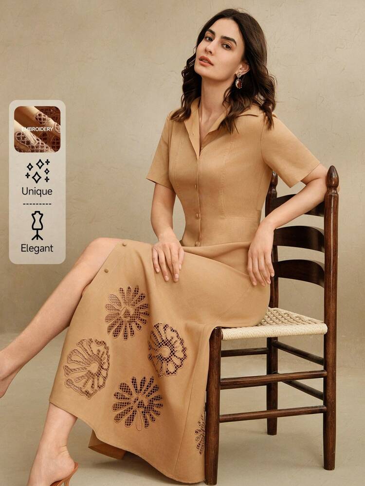 Elegant Business Casual Collared Dress, Embroidery Detail, Fashionable Style For Women