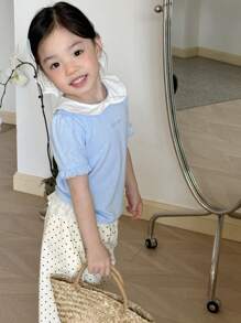 DAZY Young Girls Cute Bowknot Collar Short Sleeve T-Shirt, Summer - Blue - View 3