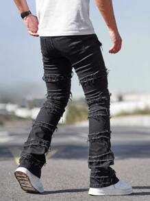 Manfinity Homme Men's Utility Pocket Frayed Slim Fit Bootleg Jeans - Black - View 2