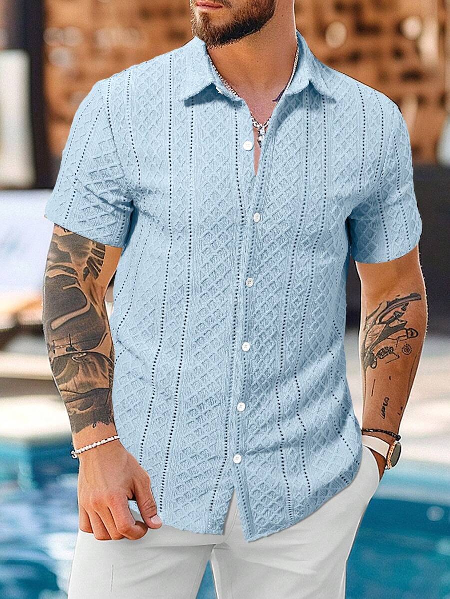 VENTUSAIL Camisa de manga corta de unicolor y textura casual para vacaciones de hombre - Azul - Ver 1