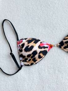 Abstract Leopard & Floral Print Bikini Top, Beach/Vacation For Summer