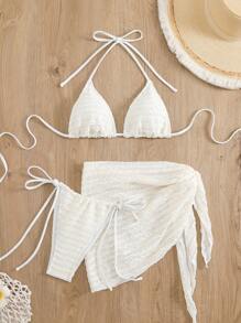 Swim Basics 女士纯色露背系带性感比基尼套装，带罩衫和迷你裙，夏季海滩风格